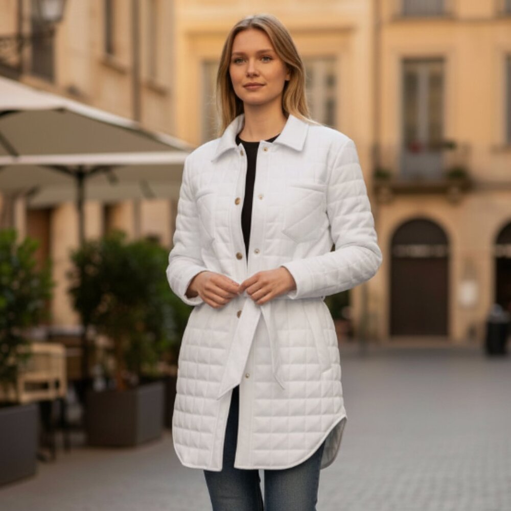 NWOT Venus White Quilted Belted Shacket Shirt Jacket Small Pockets